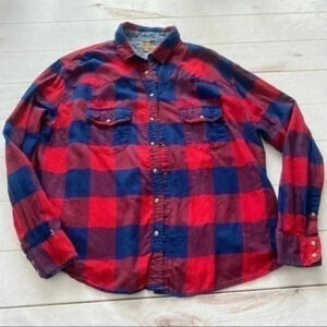 JACHS Girlfriend Womens L Red Paid Long Sleeve Flannel Bea Roll Tab Shirt